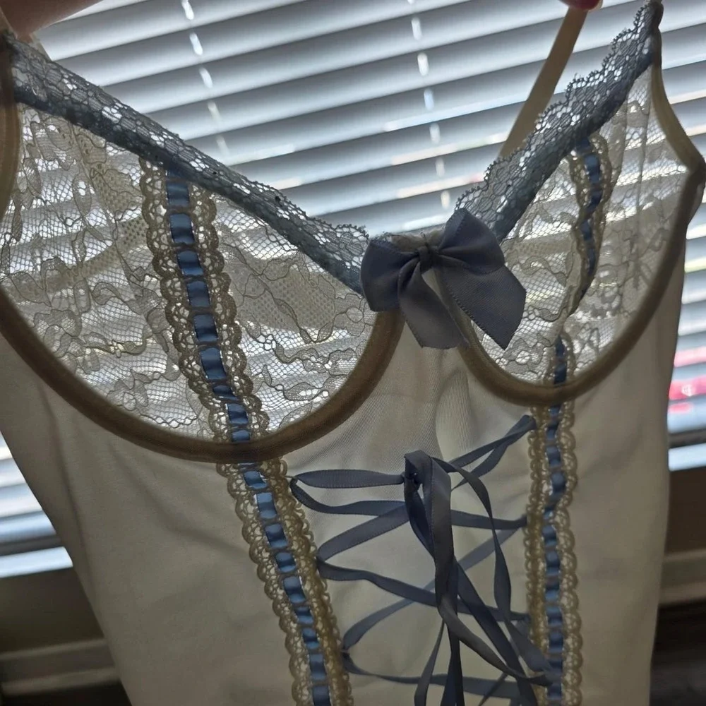 Vintage Unbranded Coquette Bustier Corset Top Blue Lace Ruffle Small